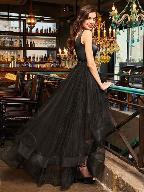 A Line Princess Sleeveless V Neck Asymmetrical Ruffles Tulle Dresses