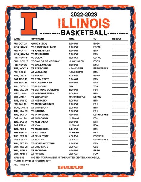 Printable 2022-2023 Illinois Fighting Illini Basketball Schedule