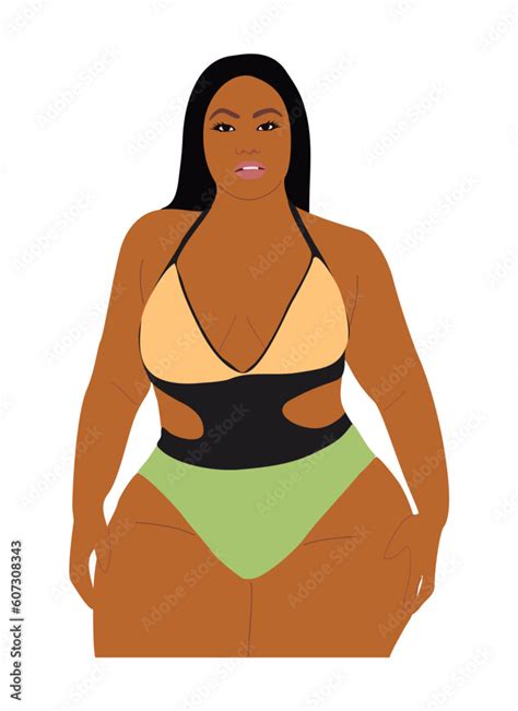 Black Curvy Girl In Bikini Vector Realistic Illustration Isolated On Transparent Background