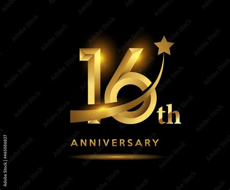 Golden 16 year anniversary celebration logo design with star symbol Stock Vector | Adobe Stock