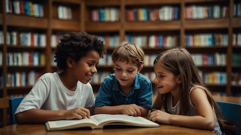 Children reading a book in a library with books on the shelf | Premium ...