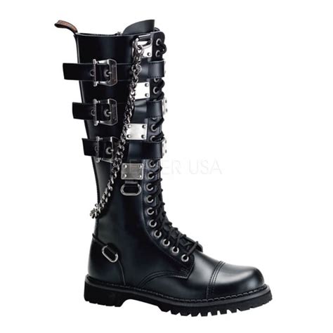 Gravel Unisex Black Punk 20 Eyelet Leather 5 Strap Knee Boot