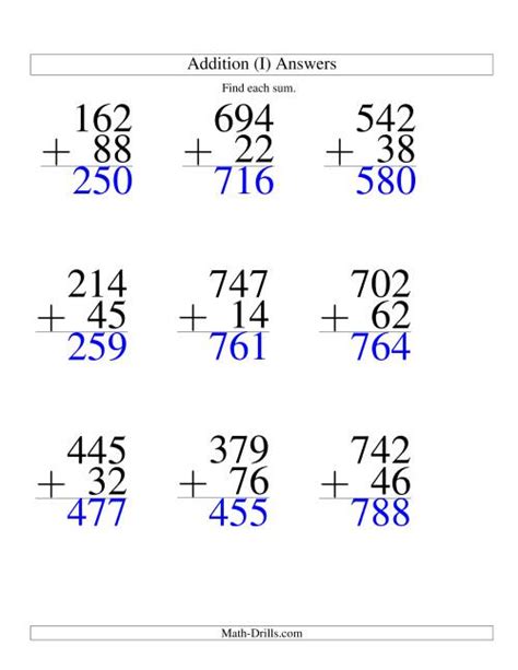 Three Digit Plus Two Digit Addition 9 Questions I