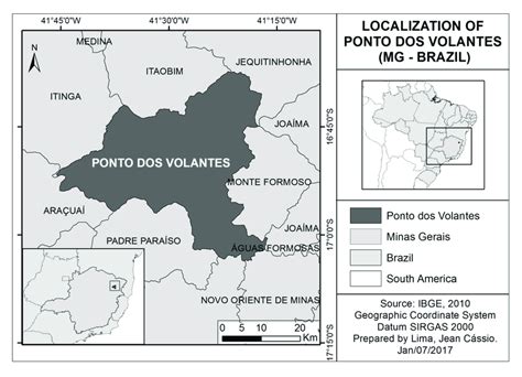 Map Of The Municipality Of Ponto Dos Volantes Minas Gerais State