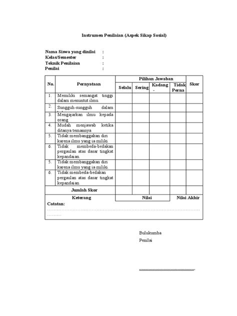 Instrumen Penilaian Aspek Sikap Sosial Pdf