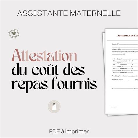 Attestation Du Co T Des Repas Fournis Assistante Maternelle Etsy France