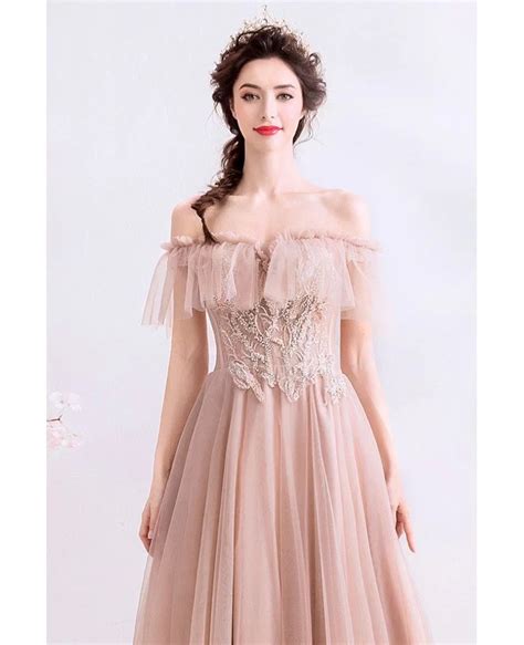 Romantic Nude Pink Off Shoulder Prom Dress Long Tulle With Beading Wholesale T78035 GemGrace