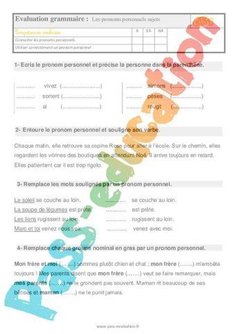 Evaluation avec le corrigé pour le Ce1 sur les pronoms personnels