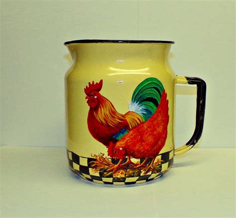 Vintage 1900s Yellow Enamelware Pitcher Hand Painted Rooster Etsy