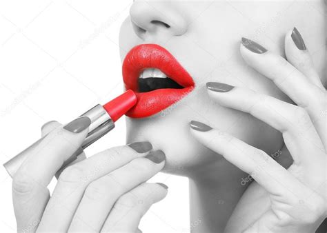 Beautiful Sexy Young Girl Holding Red Lipstick Bright Make Up Stock