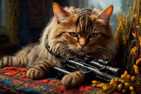 Premium AI Image | the cat is lying on the table with a machine gun ai ...