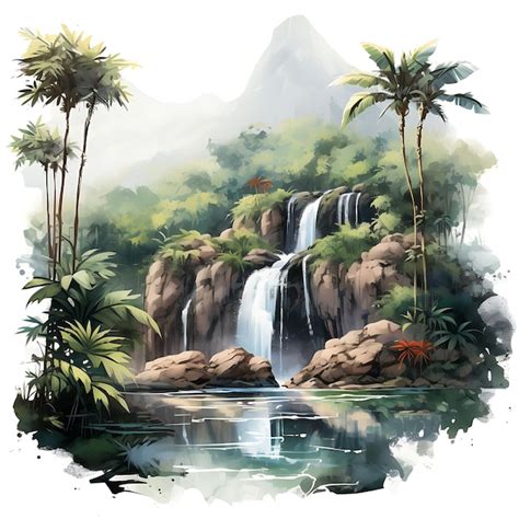 Premium AI Image Watercolor Of A Secluded Waterfall In The Jungle