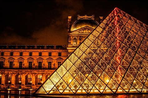 Free Stock Photo Of Louvre Pyramid At Night With Museum In Background