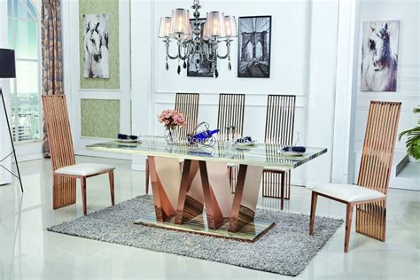 Stainless Steel Dining Table In Rose Gold With Marble Top Dining Table And Dining Table Set