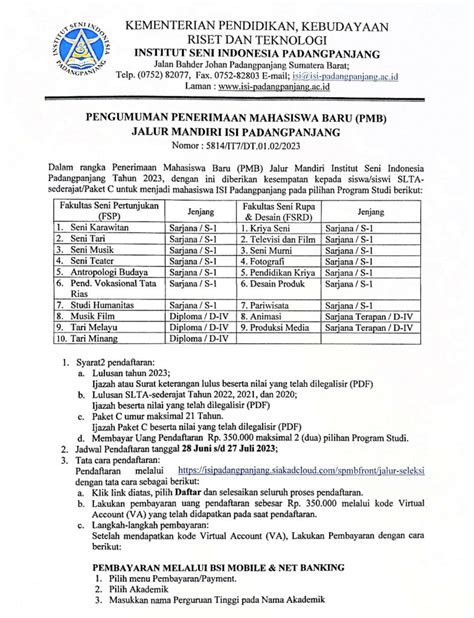 Penerimaan Mahasiswa Baru Pmb Jalur Mandiri Isi Padangpanjang Isi Padangpanjang Insitut