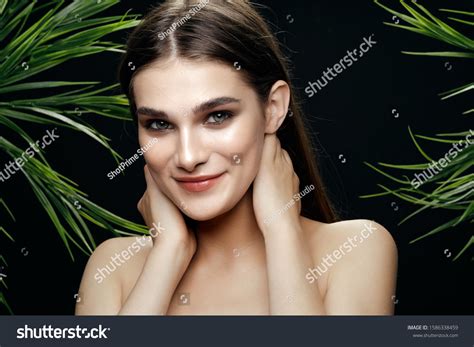 Beautiful Woman Naked Shoulders Palm Leaves Stock Photo 1586338459 Shutterstock
