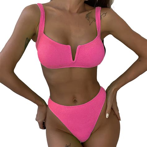 Sngxgn Women High Waisted Bikini Set Swimsuit Scoop Neck Cheeky Bathing Suit Pink M Walmart