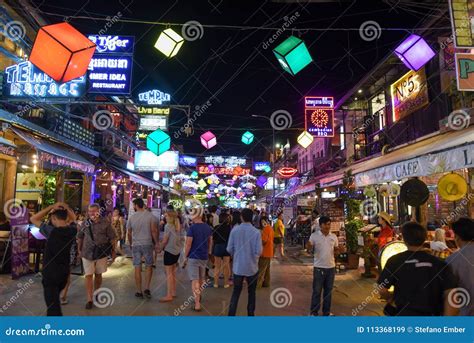 Illuminated Pub Street In Siem Reap On Cambodia Editorial Stock Image