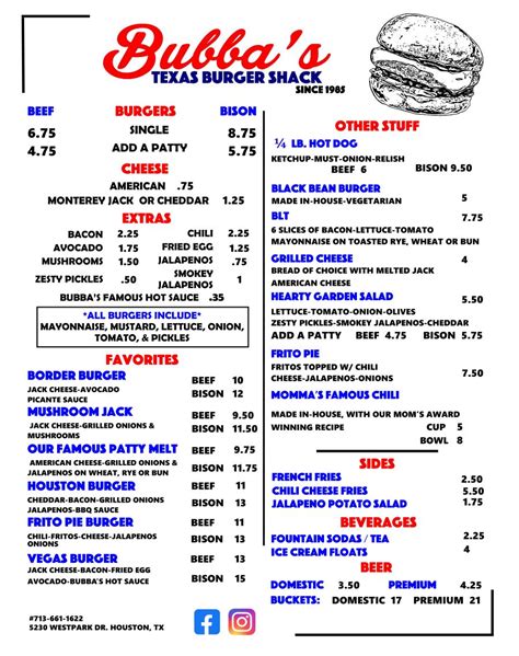 Menu Bubba S Texas Burger Shack