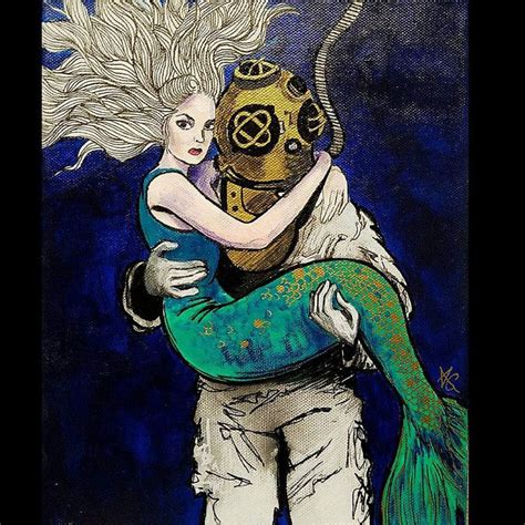 Mermaid And Deep Sea Diver Original Artwork High Quality Etsy Deep