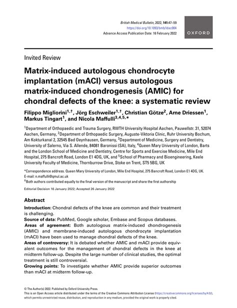 PDF Matrix Induced Autologous Chondrocyte Implantation MACI Versus