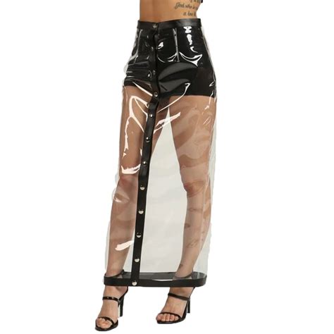 Lingerie Sexy Transparency Pvc Leather See Through Skirts Button Perspective Maxi Skirt Pencil