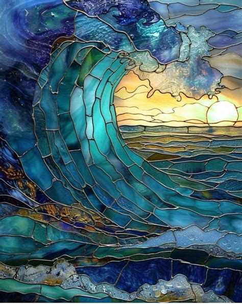Stained Glass Window with Sunset and Waves