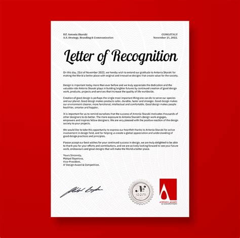 Antonia Skaraki receives a letter of recognition from A' Design Awards