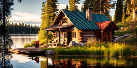 Wood Cabin On The Lake Log Cabin Surrounded By Trees Mountains And