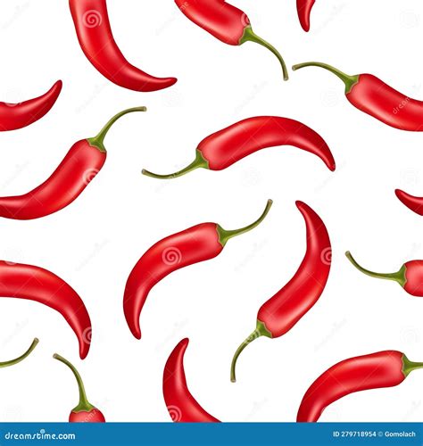 Vector Seamless Pattern With D Realistic Red Hot Chilli Pepper On White Background Fresh