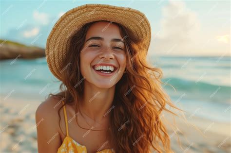 Premium Photo Portrait Of Beautiful Woman Wearing Straw Hat At Beach