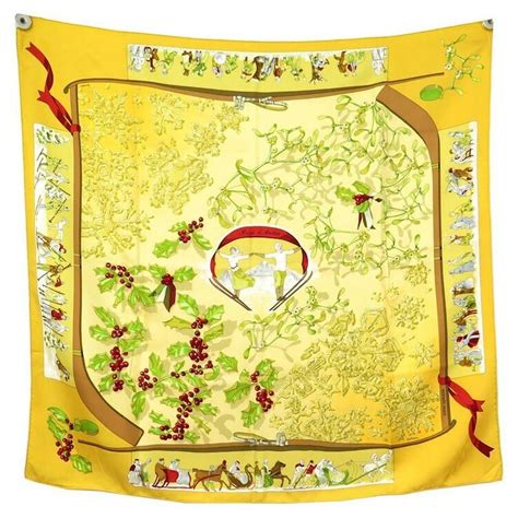 Hermès HERMES NEIGE D ANTAN CATY LATHAM SQUARE SCARF 90 IN YELLOW SILK