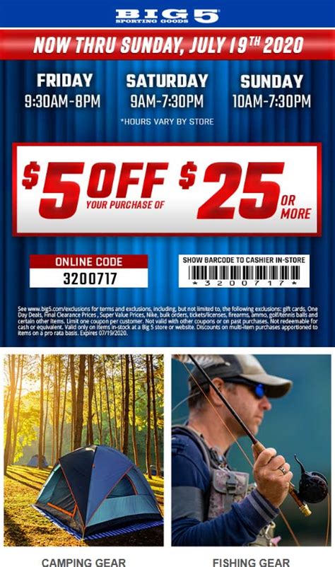 5 Off 25 At Big 5 Sporting Goods Or Online Via Promo Code 3200717