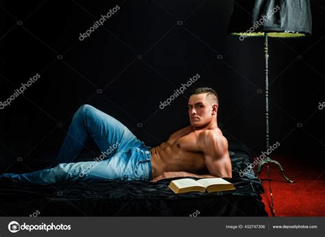 Muscular Shirtless Man In Bedroom Reading Macho Naked In Bed Sex And