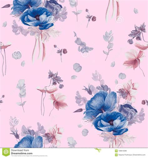 Seamless Pattern With Blue Anemones Pink Anemones Clematis And