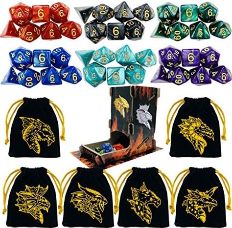 Gwhole 42 Pcs 6 Sets Polyhedral Dice Set With Gold Pattern Drawstring