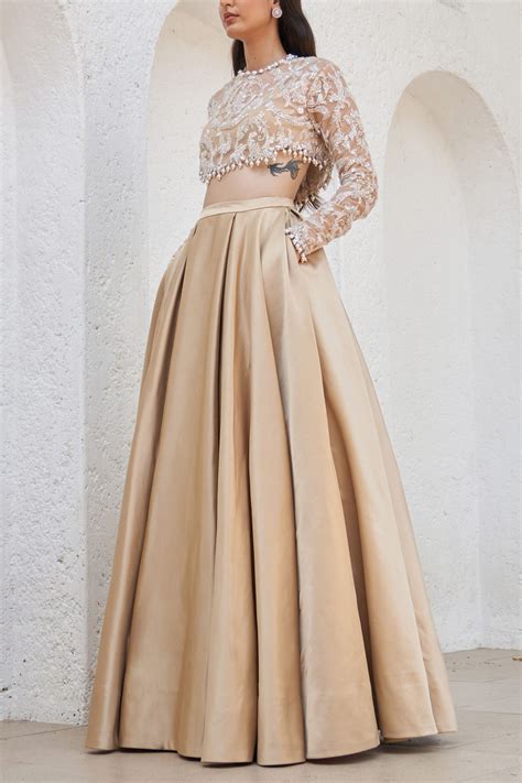 Buy Nude Embellished Crop Top And Lehenga Set By Mahima Mahajan At Aashni And Co