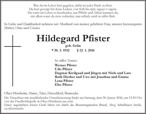 Traueranzeigen Von Hildegard Pfister Vrm Trauer De