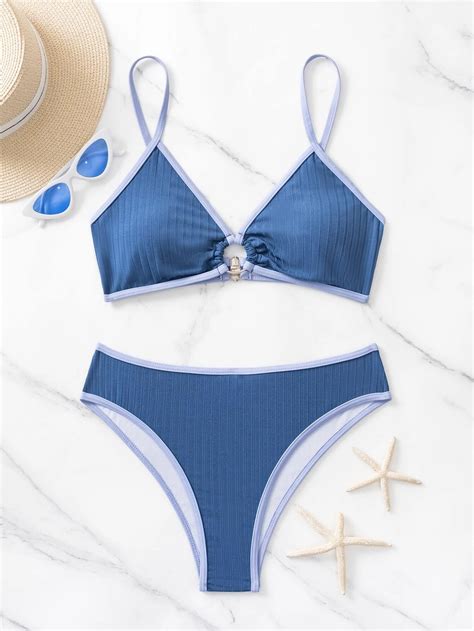 Shein Swim Vcay Summer Beach Ribbed Bikini Set Contrast Binding Ring