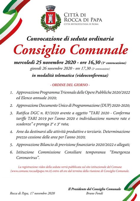 Convocazione Del Consiglio Comunale Del Comune Di Rocca Di