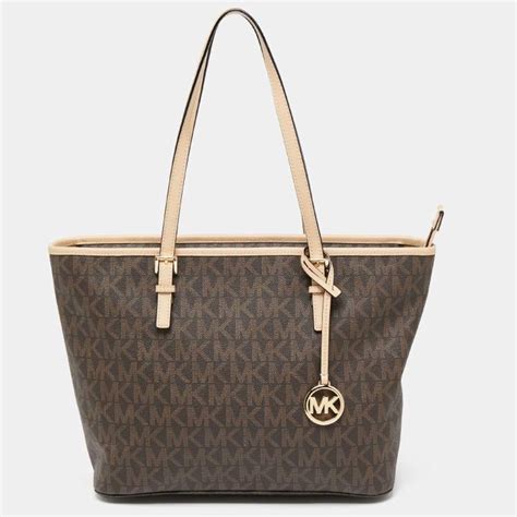 Michael Kors Beige Brown Signature Coated Canvas And Leather Medium Jet