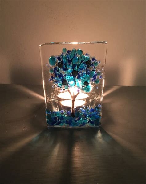 Mini Blue Tree Fused Glass Tealight Holder Etsy Uk