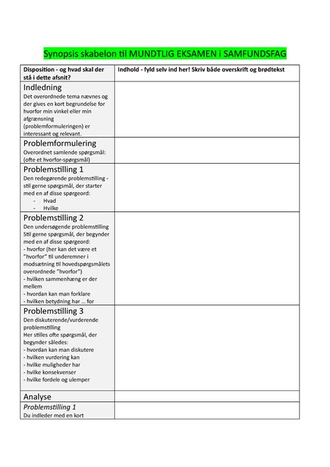 Synopsis Skabelon Til Mundtlig Eksamen I Samfundsfag Synopsis
