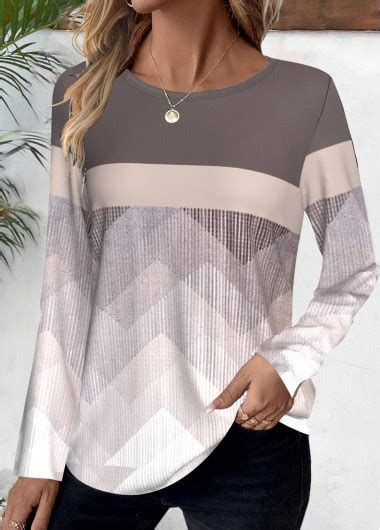 Rotita Patchwork Geometric Print Light Coffee Round Neck T Shirt