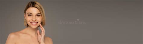 Happy Woman With Naked Shoulders Looking Stock Photo Image Of Positive Attractive