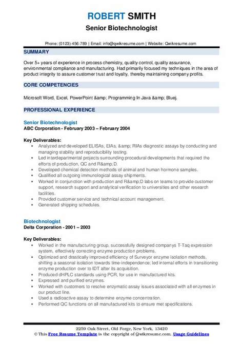 Biotechnologist Resume Samples | QwikResume