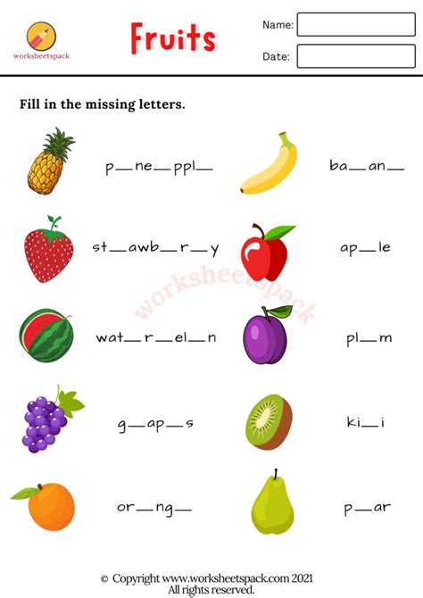 Free Fruits Worksheets - worksheetspack