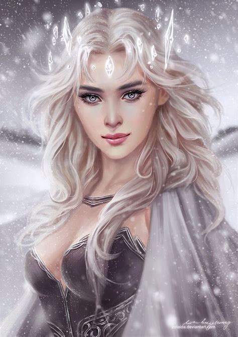 A Woman With Long White Hair And Blue Eyes Is Wearing A Tiara In The Snow