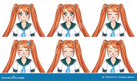 Set Of Anime Expressions Cute Girl With Two Orange Pigtails Stock