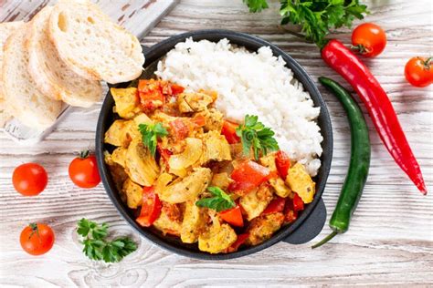 Indian Chicken Curry or Kadai Chicken with Rice in a Frying Pan on a Table. Top View Stock Image ...